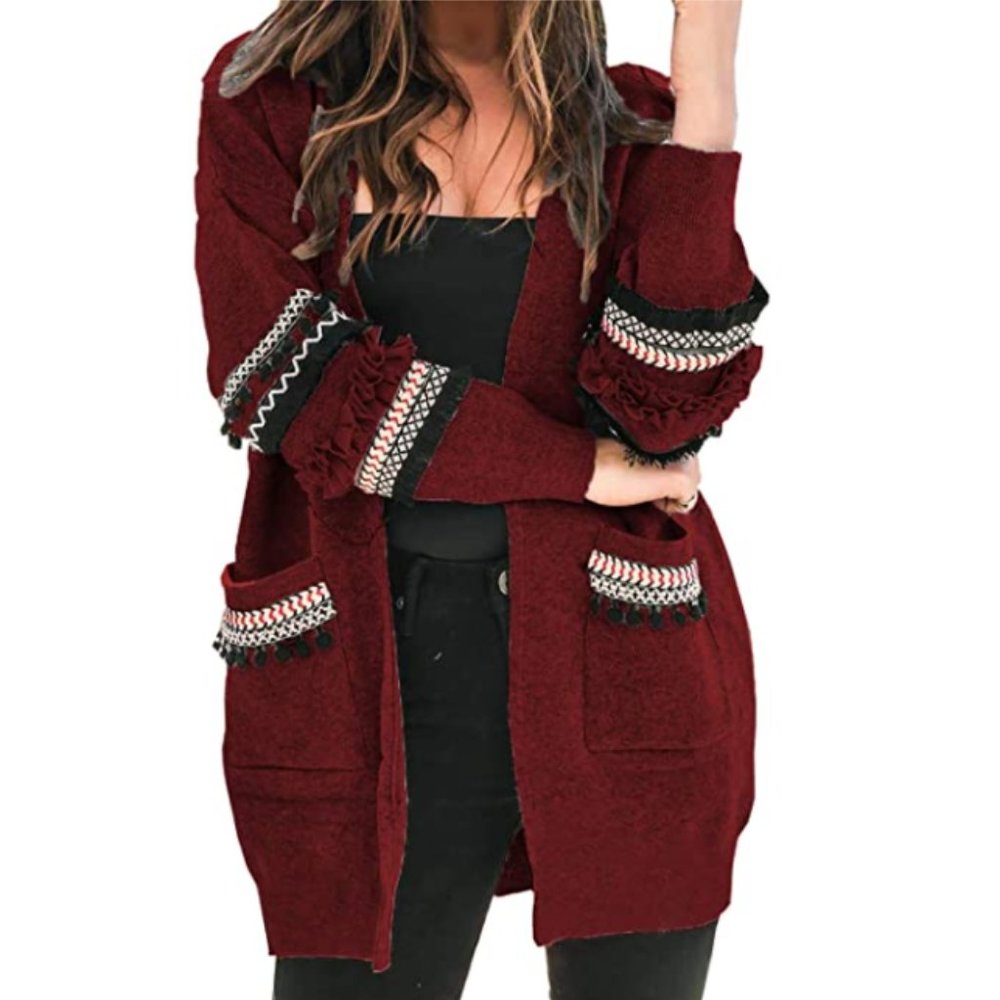 NWT Tribal Print Wine Ruffle Pocket Open Cardigan - Picture 1 of 4